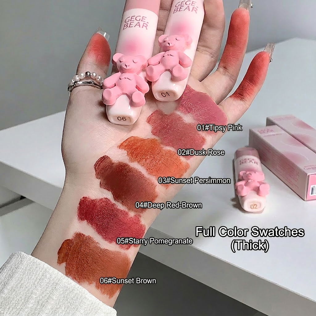 Hand with lipstick swatches and GECE BEAR lipsticks on a white surface