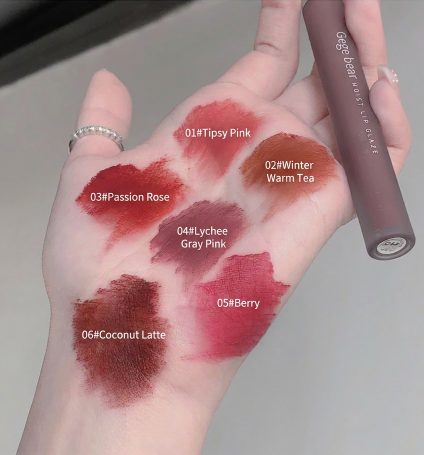 Lipstick swatches on arm with product name and color labels