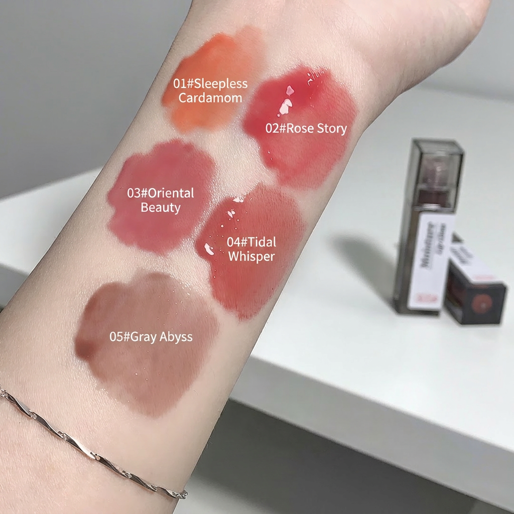 Lipstick swatches on a person's arm with product names labeled, against a neutral background.