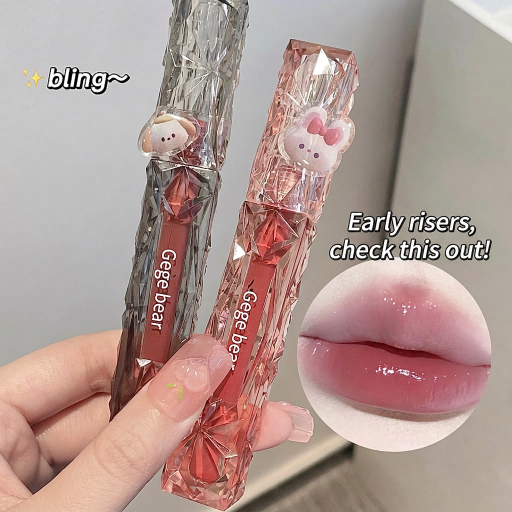 Two lip glosses with decorative cases, one labeled 'Gege bear' and 'Early risers, check this out!'.