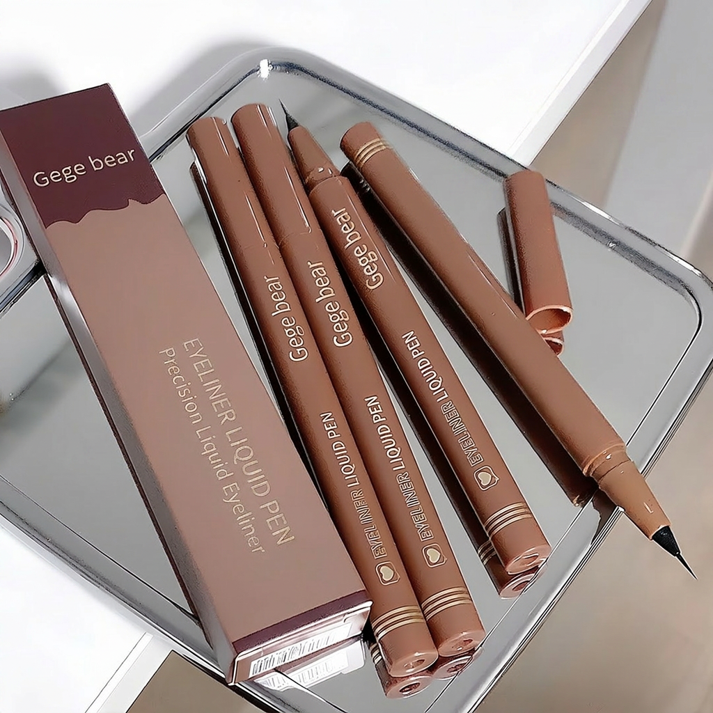 Gege bear eyeliner liquid pens on a reflective surface with packaging.