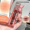 Lip gloss held in a hand with 'Geege bear' branding, next to packaging and close-up of lips with gloss.