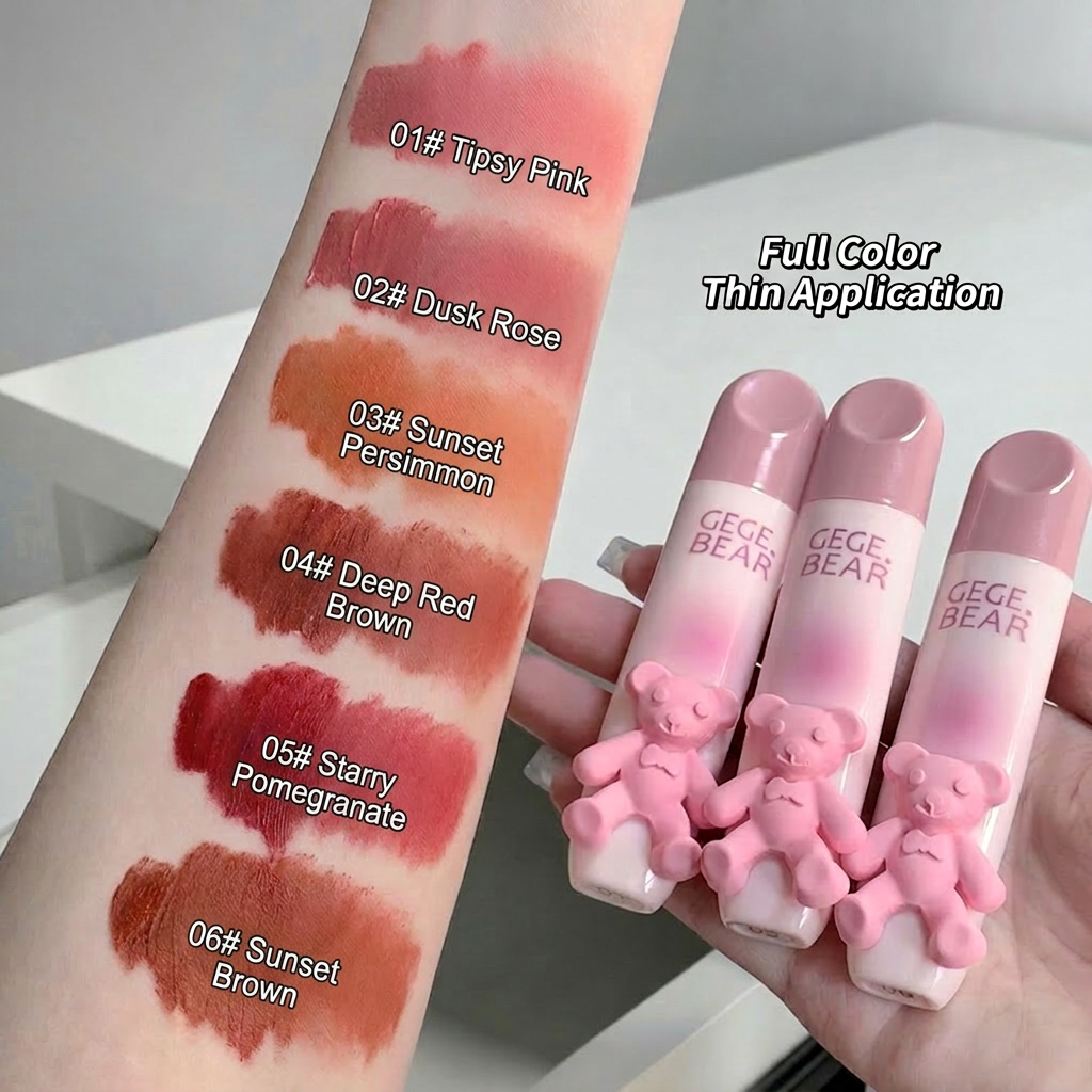 Lipstick swatches on a arm with 'GEGE BEAR' lipsticks in pink packaging.