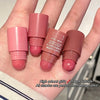 Four pink crayon lipsticks on a hand with text about high school girls and no makeup looks.
