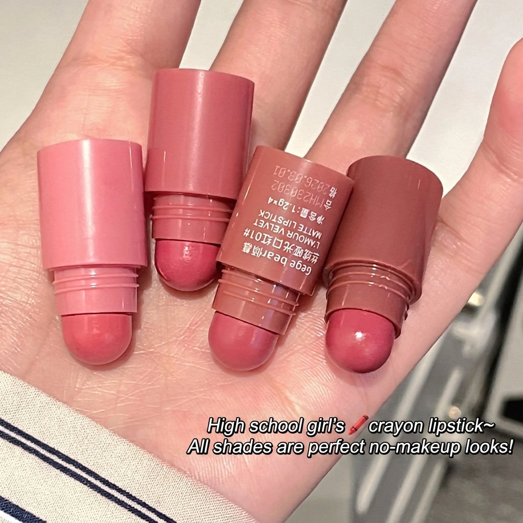 Four pink crayon lipsticks on a hand with text about high school girls and no makeup looks.