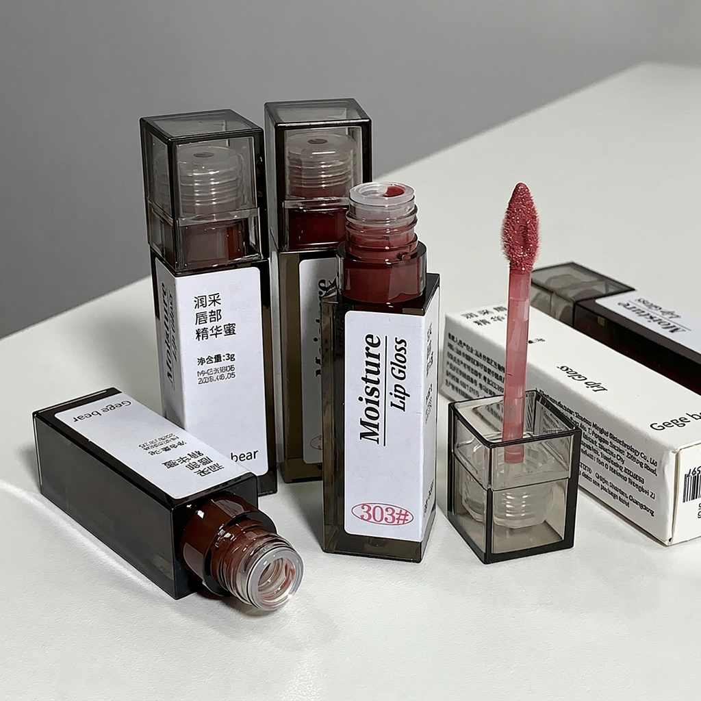 Lip gloss products with visible labels on a white surface
