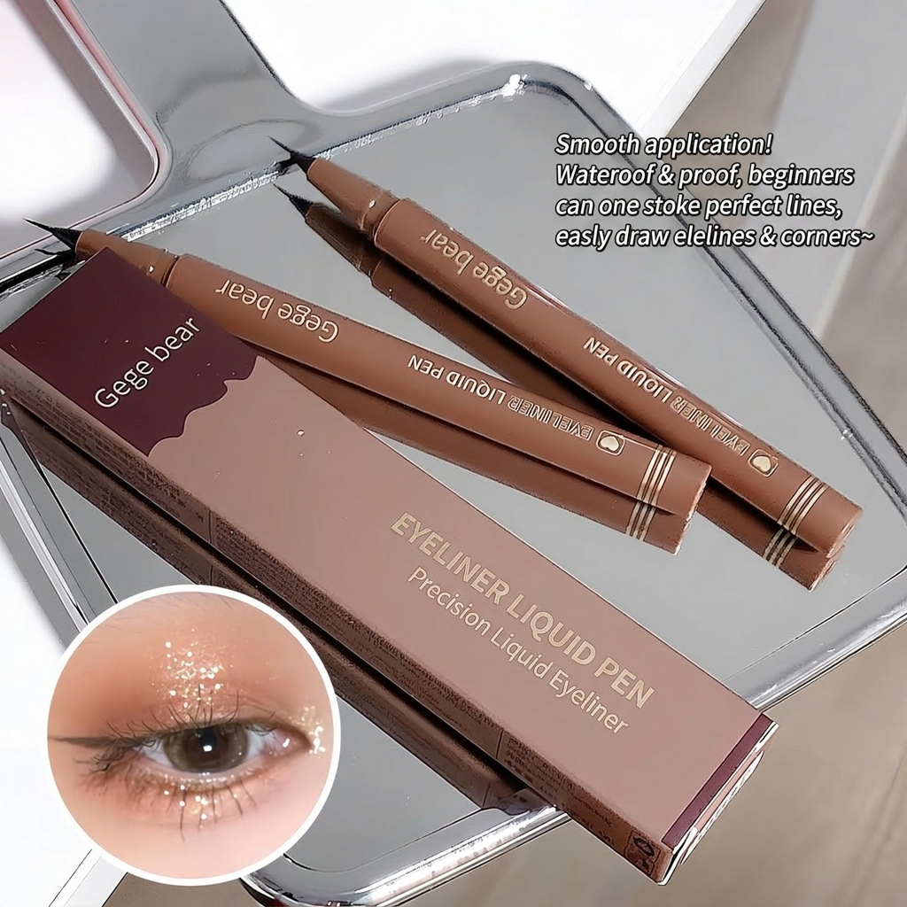 Gege bear eyeliner liquid pen with packaging on a reflective surface