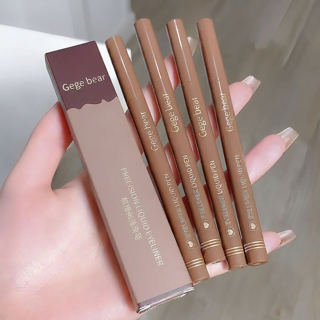 Set of Gege bear liquid eyeliner pens held by a hand with a neutral background