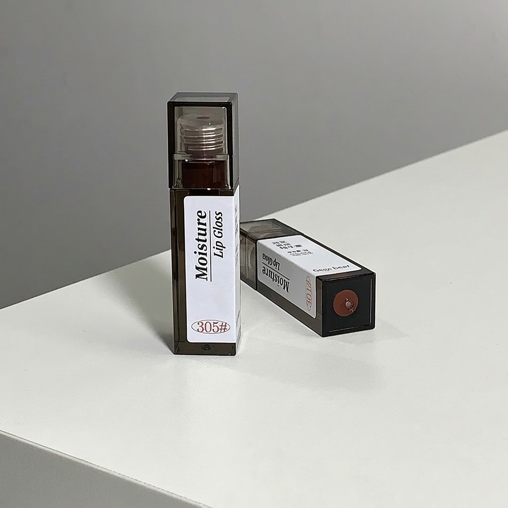 Moisture lip gloss with packaging on a white surface and gray background