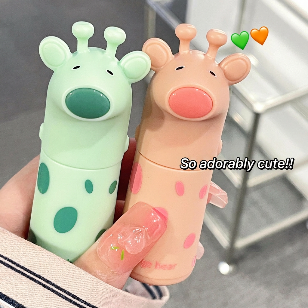 Two cartoonish lotion bottles shaped like giraffes held by a hand.