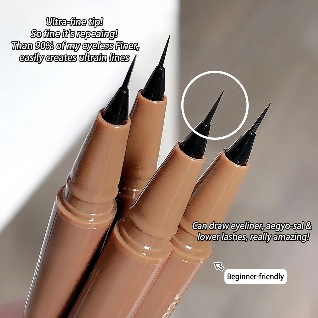 Four eyeliner pens with a close-up of the tip, text describing features, and a hand holding one pen.