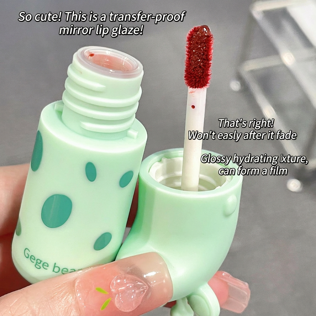 Green lip gloss with a red applicator and text describing its features.