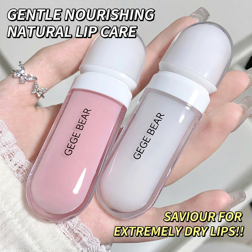 Two lip care products with 'GEGE BEAR' branding held in a hand, labeled as gentle nourishing natural lip care.