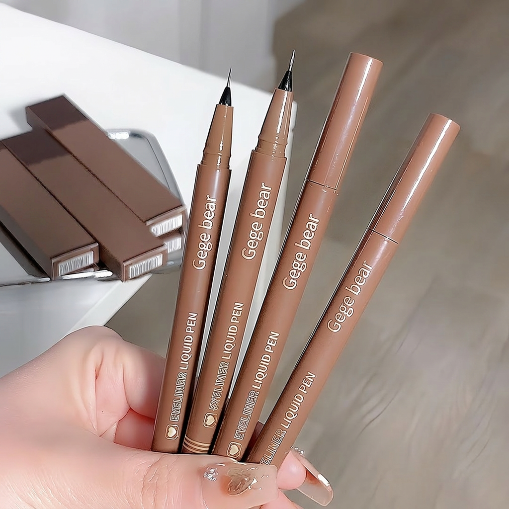 Four Gege bear liquid pens held by a hand on a light wooden surface.