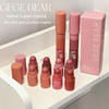 Set of GEGER BEAR lip products including lipsticks and a box on a white surface.