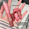 Hand holding multiple pink lipsticks with a 'Lip Crayon' product and text describing its features.