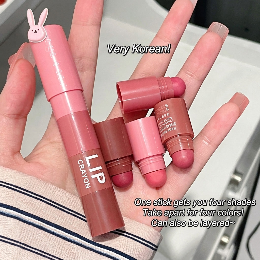 Hand holding multiple pink lipsticks with a 'Lip Crayon' product and text describing its features.