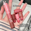 Hand holding multiple pink lipsticks with a text overlay on a neutral background