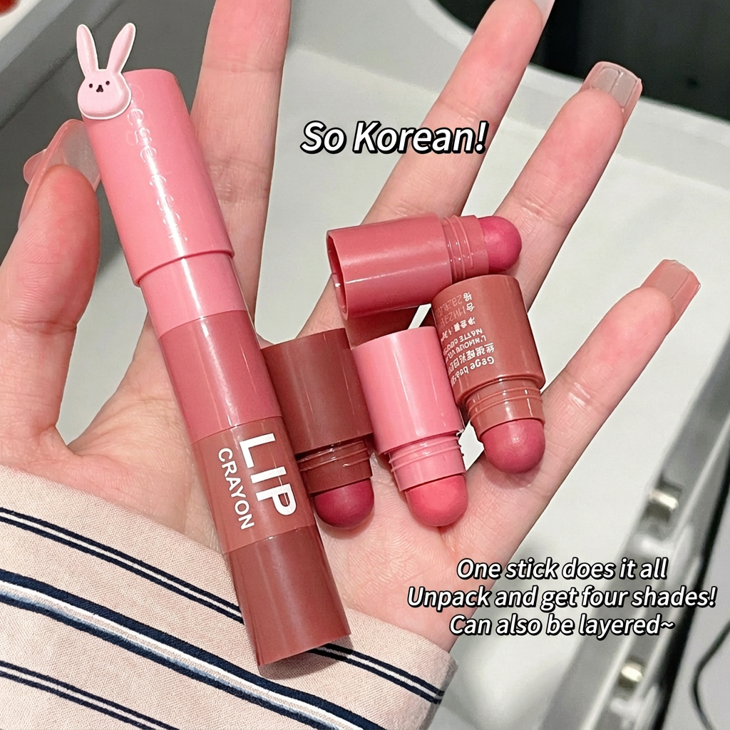 Hand holding multiple pink lipsticks with a text overlay on a neutral background