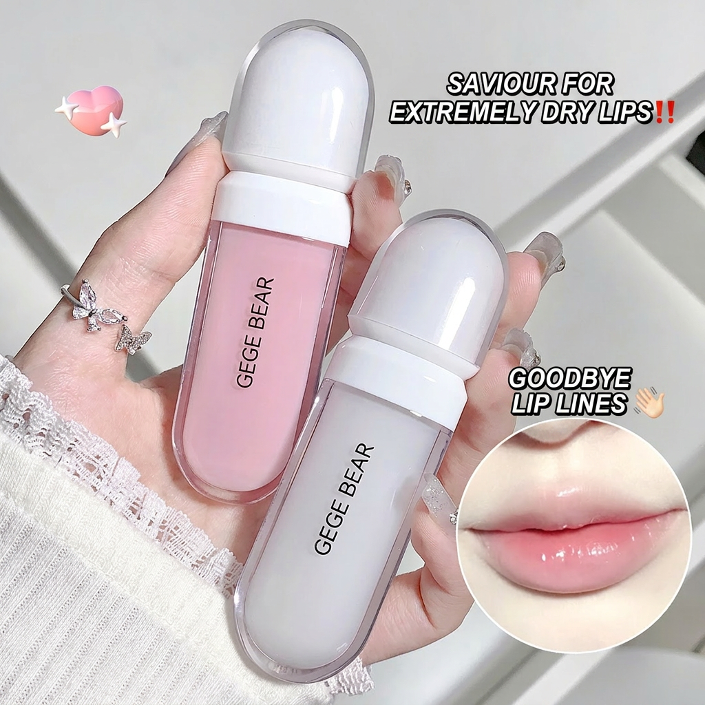 Two lip products with 'GEGE BEAR' branding held by a hand, showing a close-up of glossy lips.
