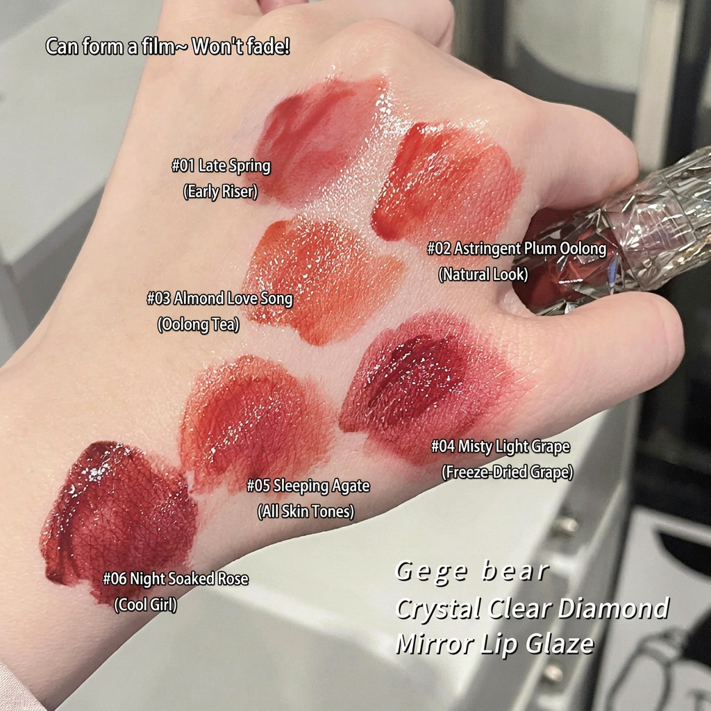 Hand with multiple shades of lip gloss swatched on a white background, labeled with product names.