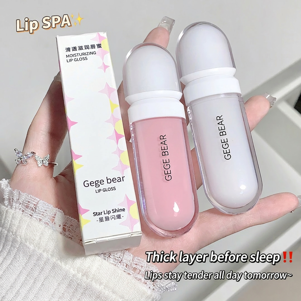 Lip gloss with packaging held in a hand, labeled 'Gege Bear'.