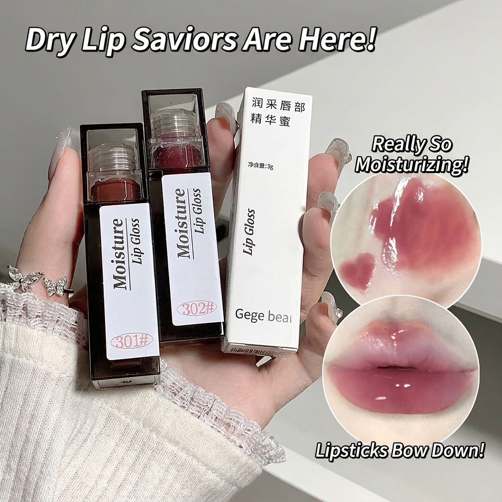 Hand holding lip gloss products with close-ups of lips using the product.