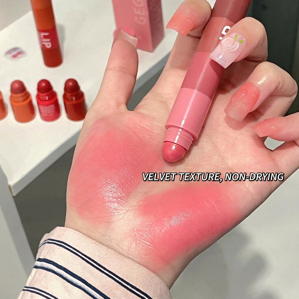 Hand with pink lipstick swatch on palm, with lip products in the background.