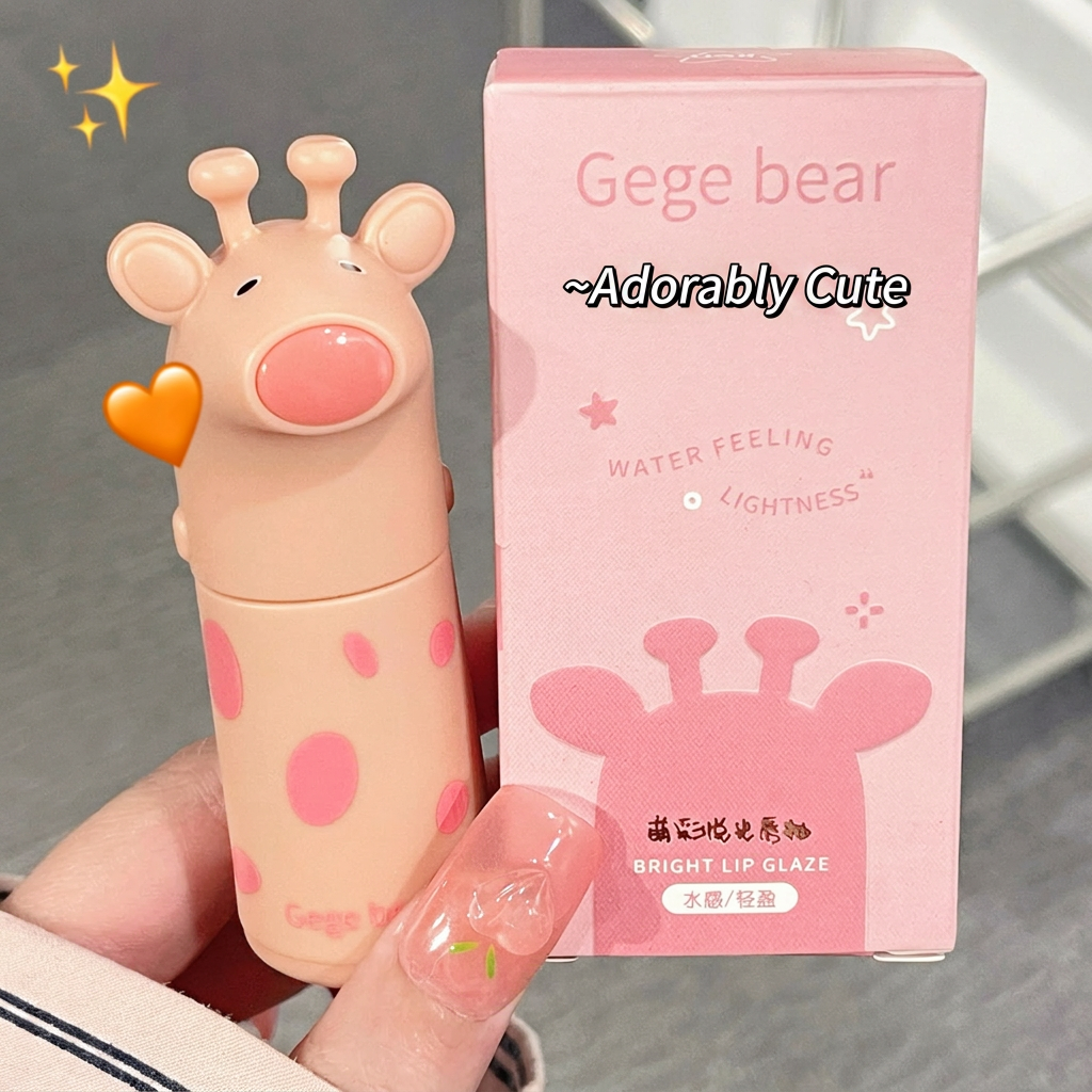 Pink lip gloss with giraffe design and packaging labeled 'Gege bear' held by a hand.