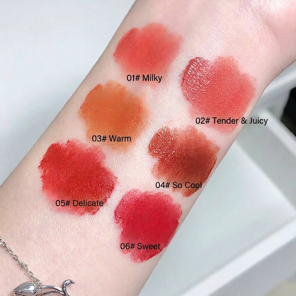 Lipstick swatches on a person's arm with color names and numbers