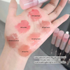 Hand with lip swatches labeled with lipstick colors and a close-up of lipsticks.