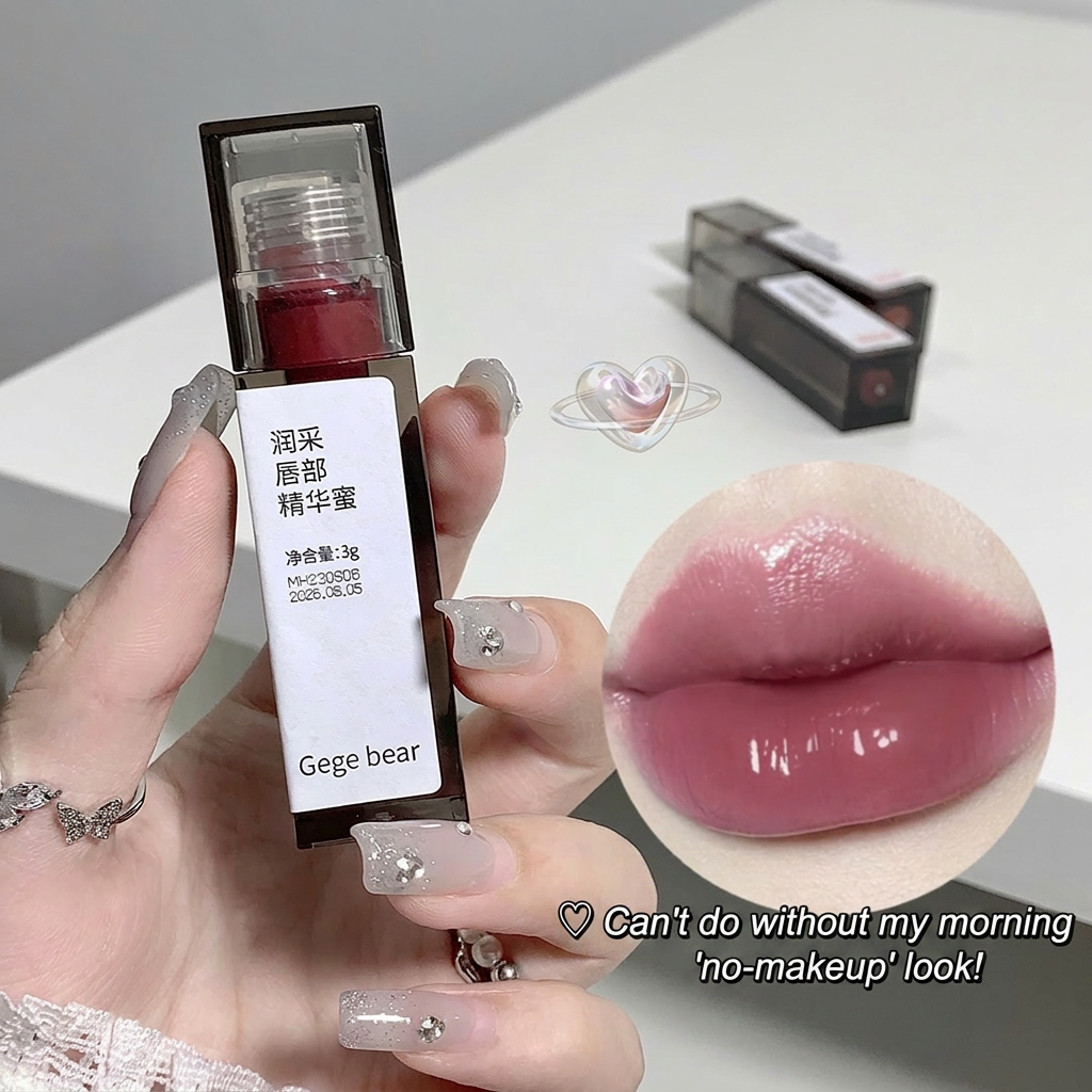 Lip balm with 'Gege bear' packaging held by a hand, close-up of lips with pink lip color, and text 'Can't do without my morning no-makeup look!'.