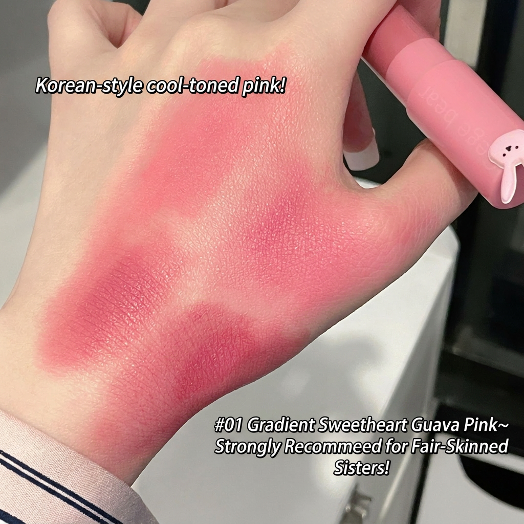 Hand with pink blush and text describing the color as 'Korean-style cool-toned pink' and '#01 Gradient Sweetheart Guava Pink'.