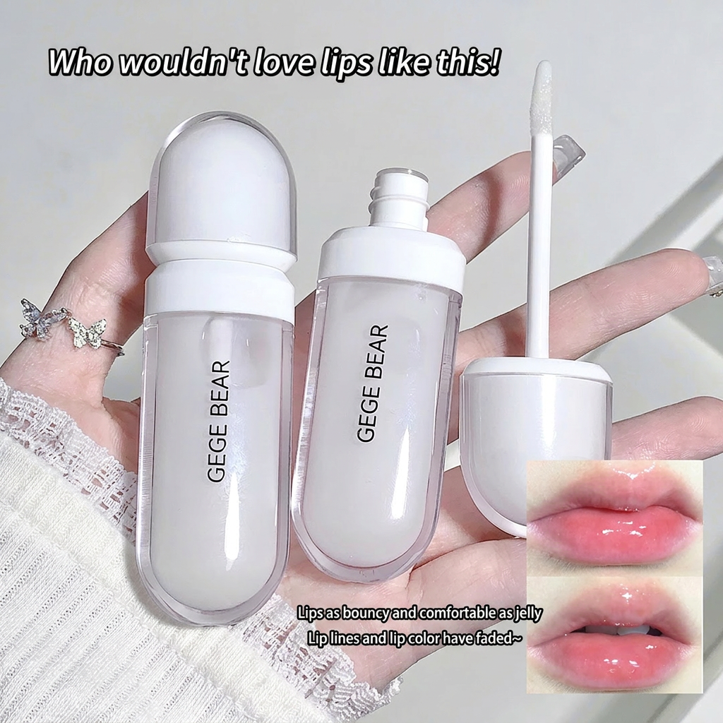 Two lip products with 'GEGE BEAR' branding held by a hand, with an inset showing lips with a pink lip color.