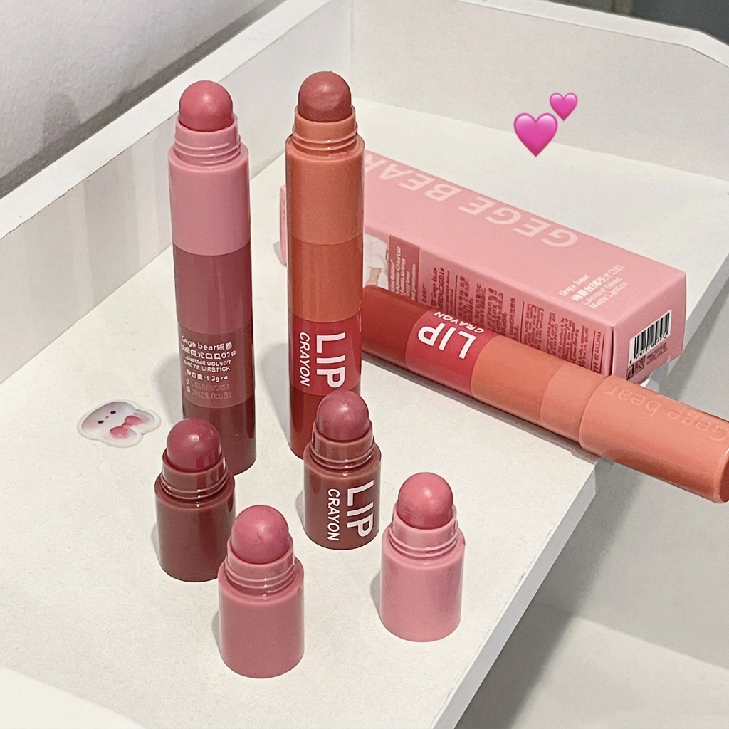 Set of pink lip crayons on a white surface with a box in the background.